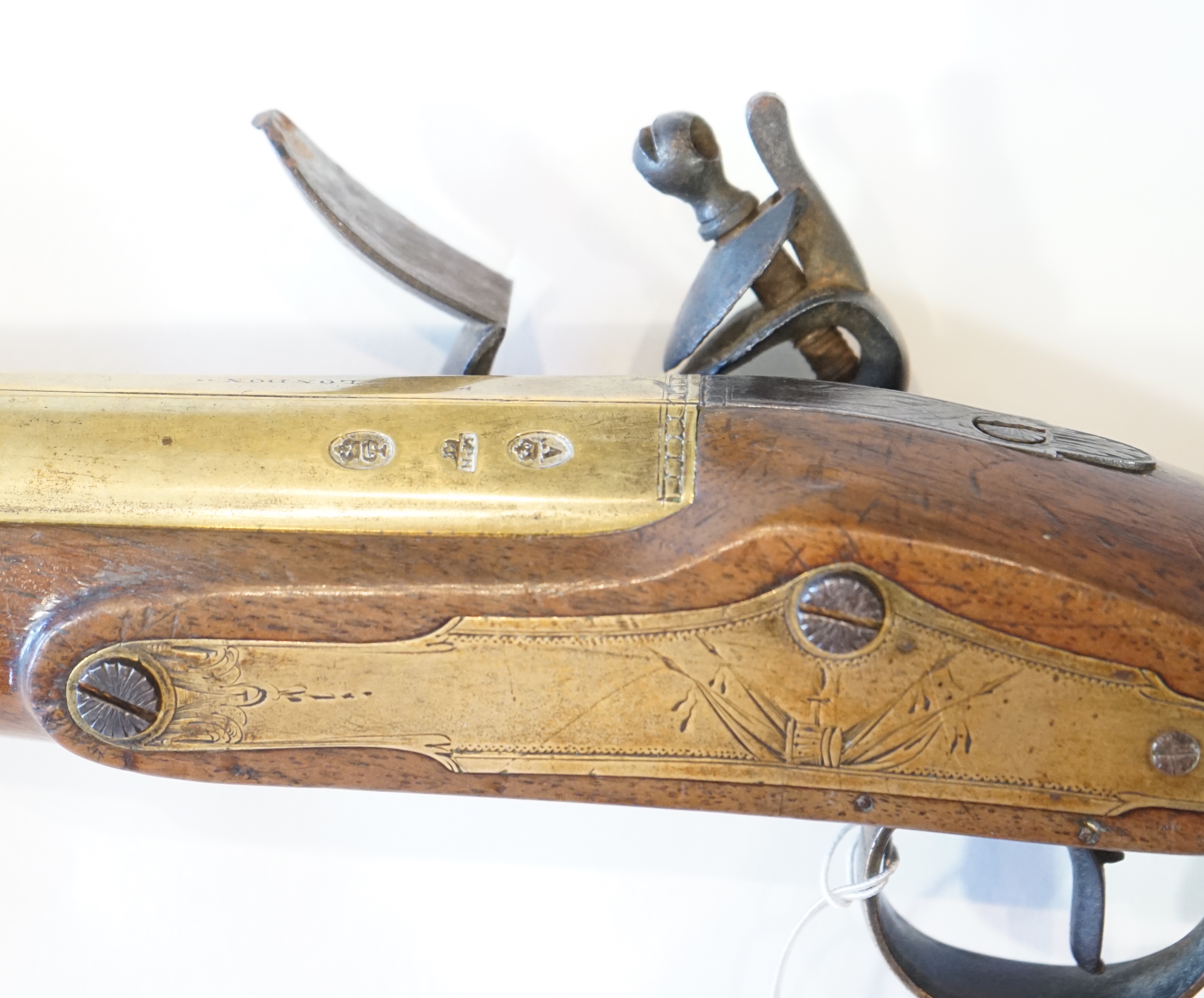 An English brass barrel flintlock blunderbuss by H W Mortimer, late 18th century